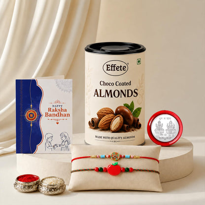 Flower motif Rakhi for Brother with Choco Almonds 96gm, Coin & Card, Pack of 6