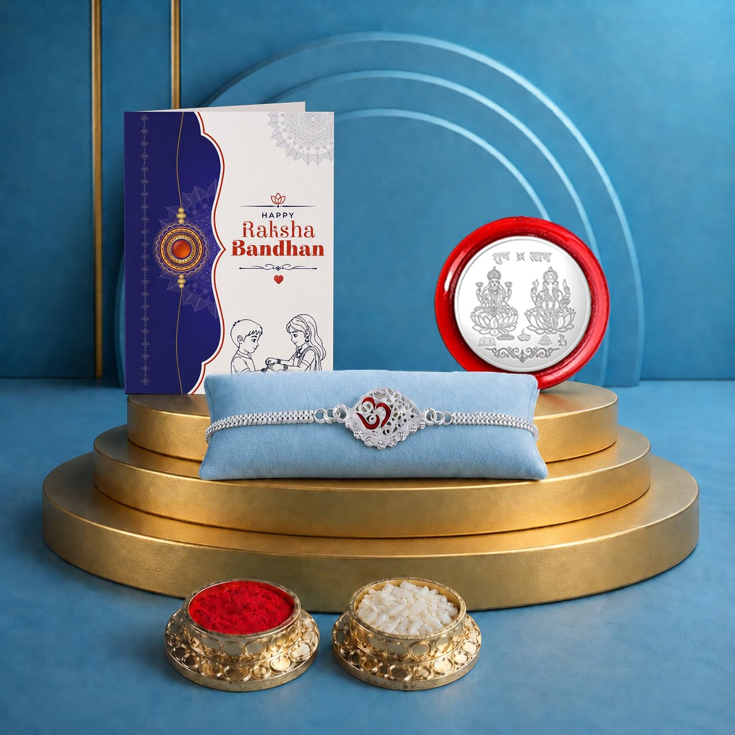 7 Color Rakhi for Brother with Roli Tikka, Pooja Coin & Greeting Card, Pack of 4