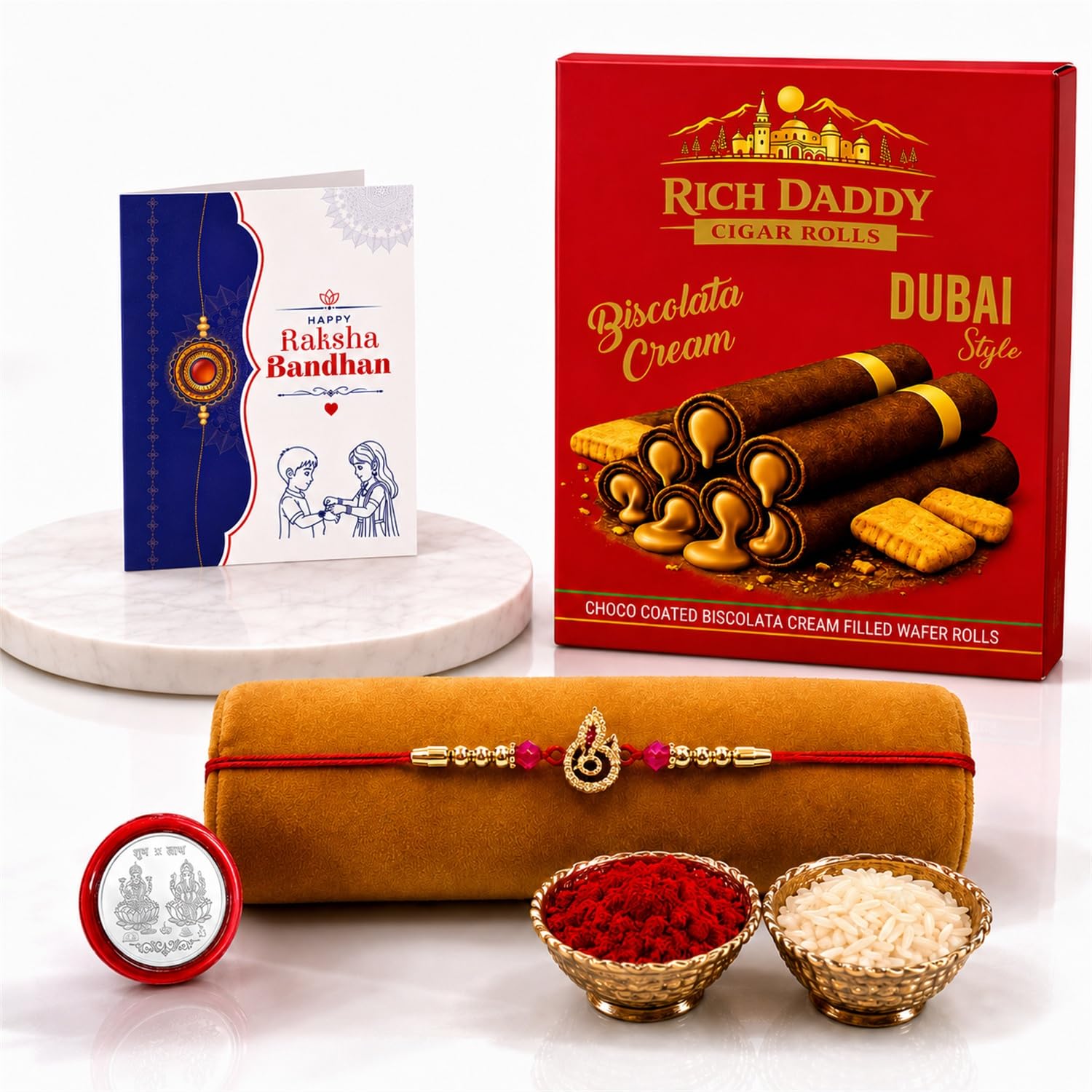 Golden Feather Rakhi for Brother with Biscolata Cream Wafer Rolls, Pack of 5
