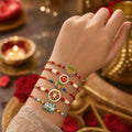 Handcrafted Radiant Rakhi for Brother with Roli Tikka & Greeting Card, Pack of 8