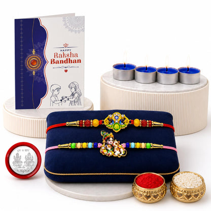 OM Rakhi for Brother with Candles 4pcs, Roli Tikka, Pooja Coin & Card, Pack of 6