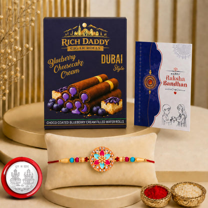 Round Multicolor Rakhi – Blueberry Cream Wafer Roll Gift Combo Gift Set (Pack of 5) For Raksha Bandhan