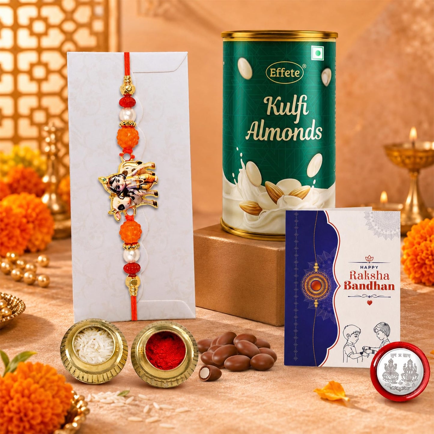 Rakhi with Chocolate for Brother – Raksha Bandhan Combo with Rakhi, Chocolate, Roli Chawal, Silver Color Coin & Greeting Card for Brother – Traditional Festival Celebration Set (Pack of 5)