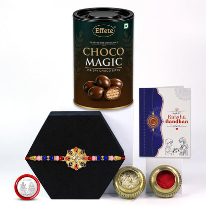 Flower Rakhi for Brother with Chocolate Magic 96gm, Roli Chawal & Card, Pack of 5