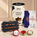 Designer Rakhi for Brother with Choco Magic 96gm, Roli Tikka & Card - Pack of 6