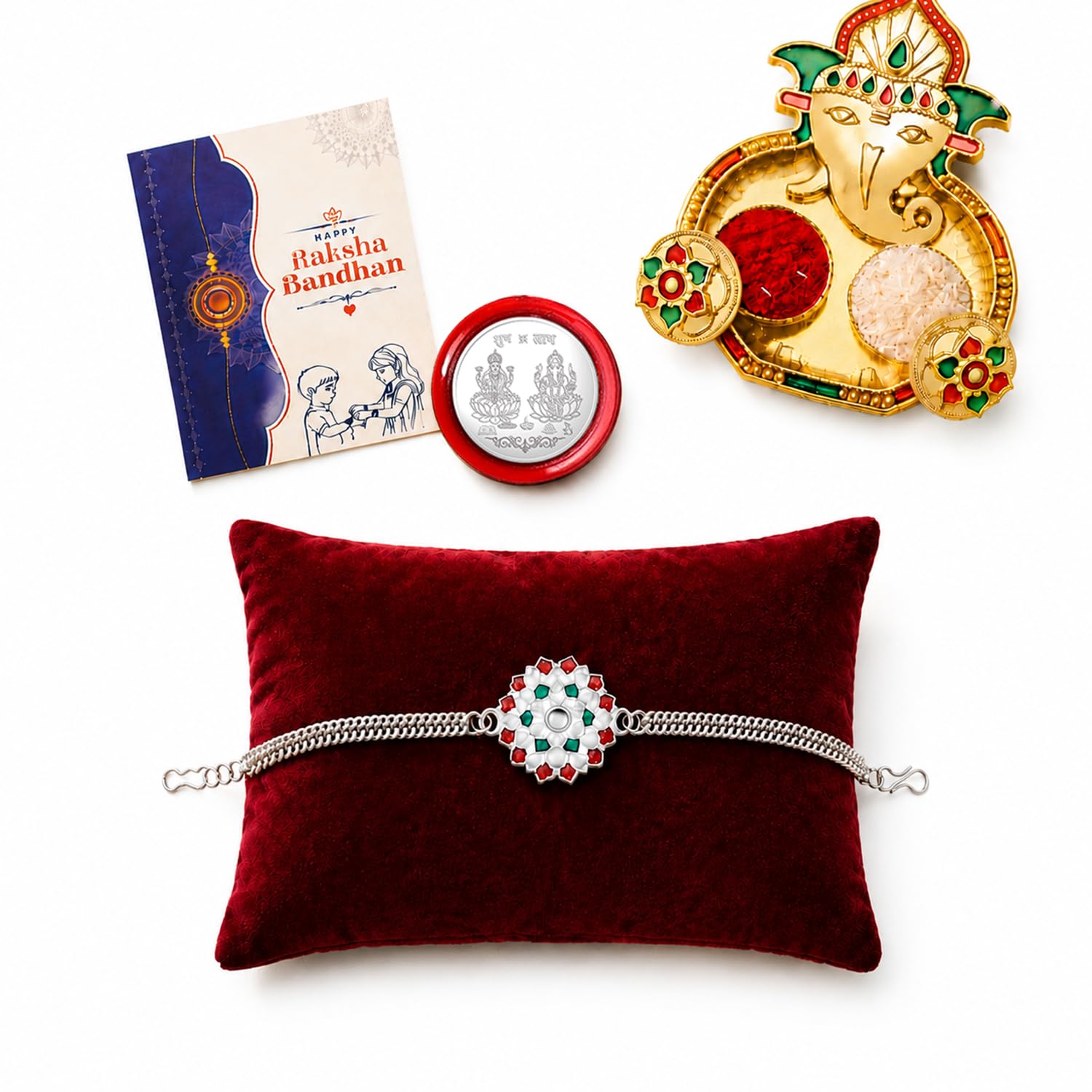 Multicolor Flower Rakhi & Shri Ganesh Pooja Thali – Gift Hamper Gift Set (Pack of 5) For Raksha Bandhan
