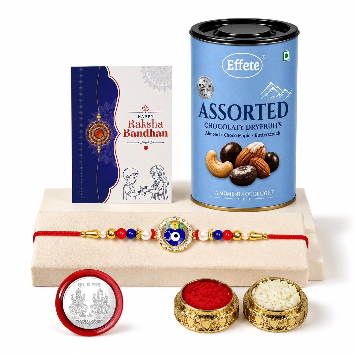 Evil Eye Rakhi for Brother with Choco Dryfruits 96gm, Coin & Card, Pack of 5