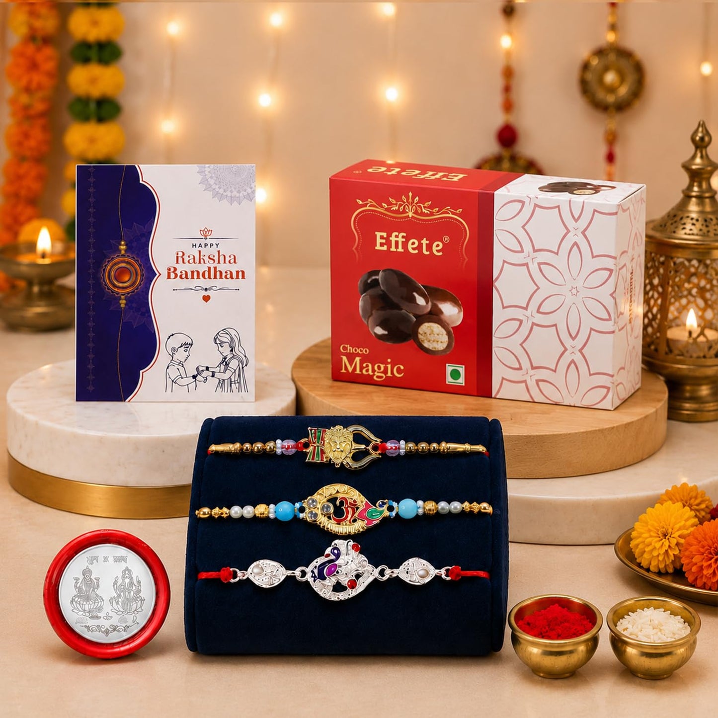 Lion Charm Rakhi for Brother with Choco Magic 32gm, Roli Tikka & Card, Pack of 7