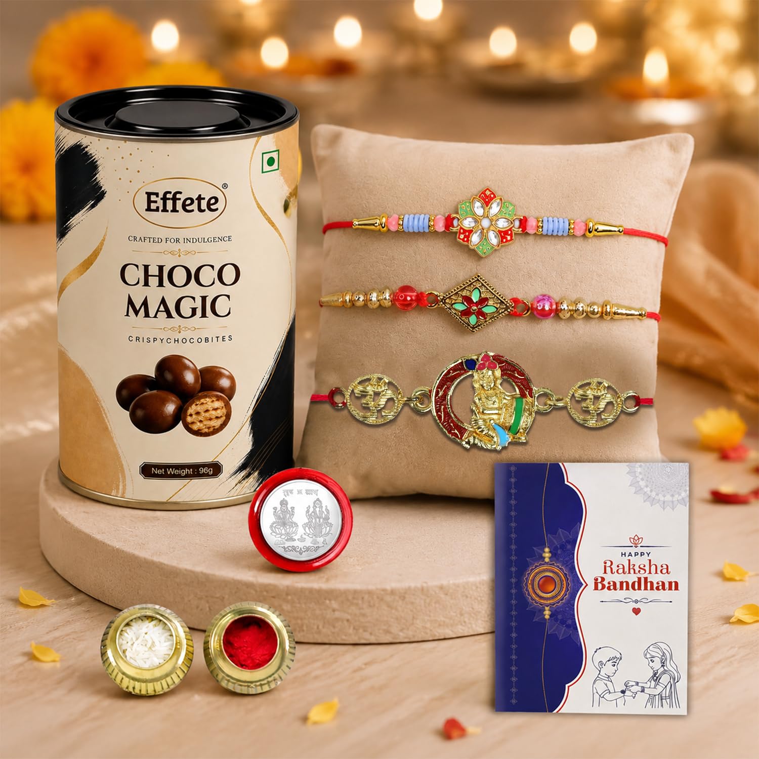 Flower Rakhi for Brother with Chocolate Magic 96gm, Roli Tikka & Card, Pack of 7