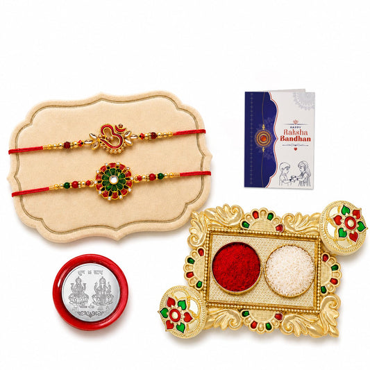 OM, Flower Rakhi for Brother with Pooja Thali - Rakshabandhan Gift Set, Pack of 6