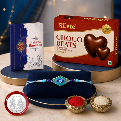 Evil Eye Rakhi for Brother with Choco Beats 32gm, Roli Tikka & Card | Pack of 5