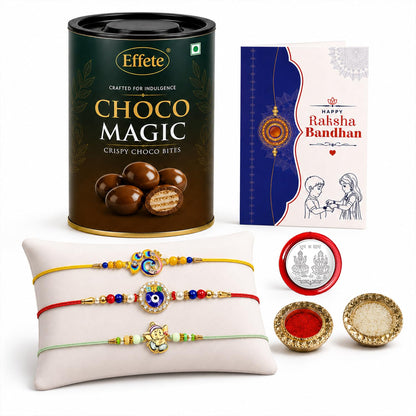 Bird Rakhi for Brother with Chocolate Magic 96gm, Roli Tikka & Card, Pack of 7