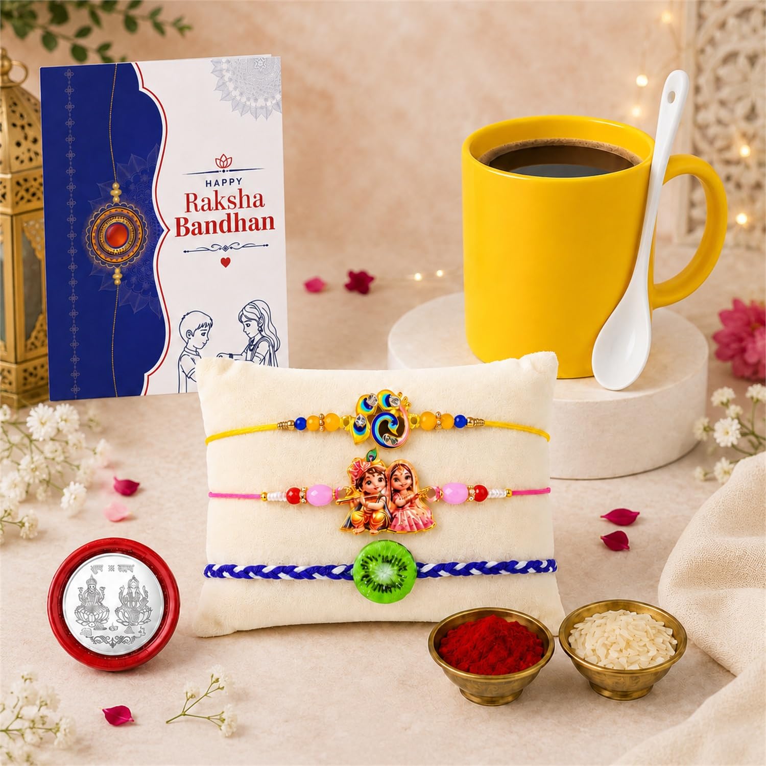 Multicolor Rakhi & Coffee Mug – Raksha Bandhan Gift Combo for Bhai Set (Pack of 7)