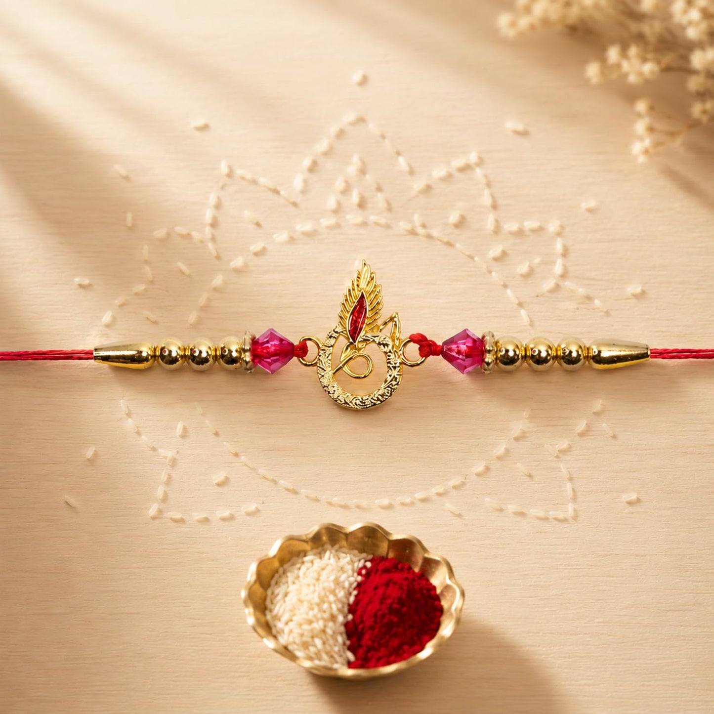 Golden Feather Rakhi for Brother with Biscolata Cream Wafer Rolls, Pack of 5