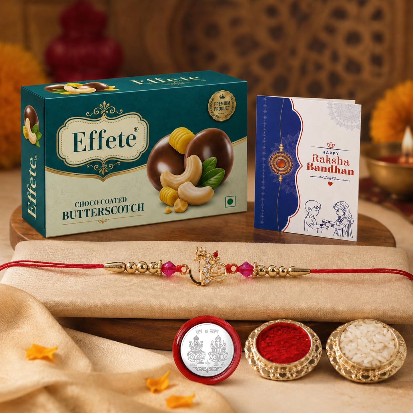 Om with Trishul Rakhi for Brother with Butter Scotch 32gm, Coin & Card, Pack of 5