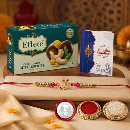 Om with Trishul Rakhi for Brother with Butter Scotch 32gm, Coin & Card, Pack of 5