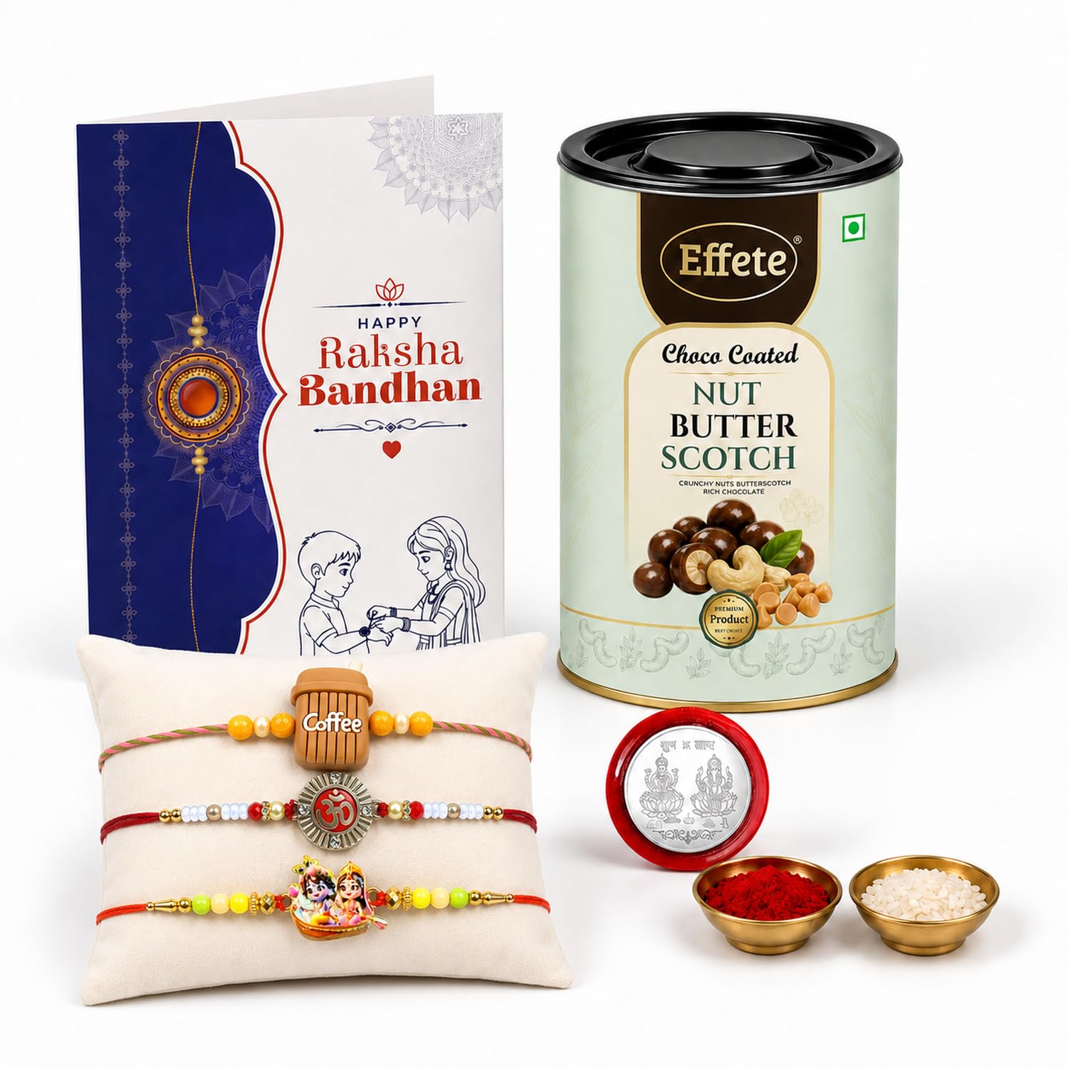 Coffee Cup Rakhi for Brother with Butter Scotch 96gm, Coin & Card, Pack of 7