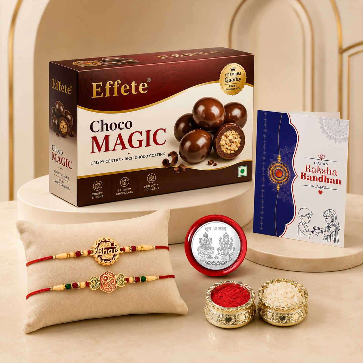 Bhai Rakhi for Brother with Chocolate Magic 96gm, Roli Tikka & Card, Pack of 6