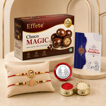 Bhai Rakhi for Brother with Chocolate Magic 96gm, Roli Tikka & Card, Pack of 6