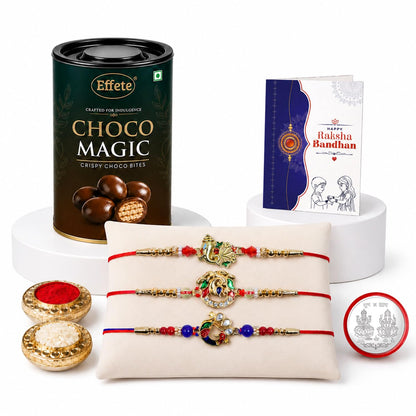 Golden Color Rakhi for Brother with Chocolate Magic 96gm, Coin & Card, Pack of 7