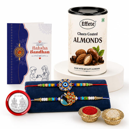 Evil Eye, Peacock Rakhi Combo - Raksha Bandhan Gift with Choco Almonds 96gm, Pack of 6