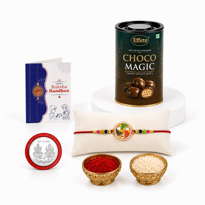 Round Rakhi for Brother with Chocolate Magic 96gm, Roli Tikka & Card | Pack of 5