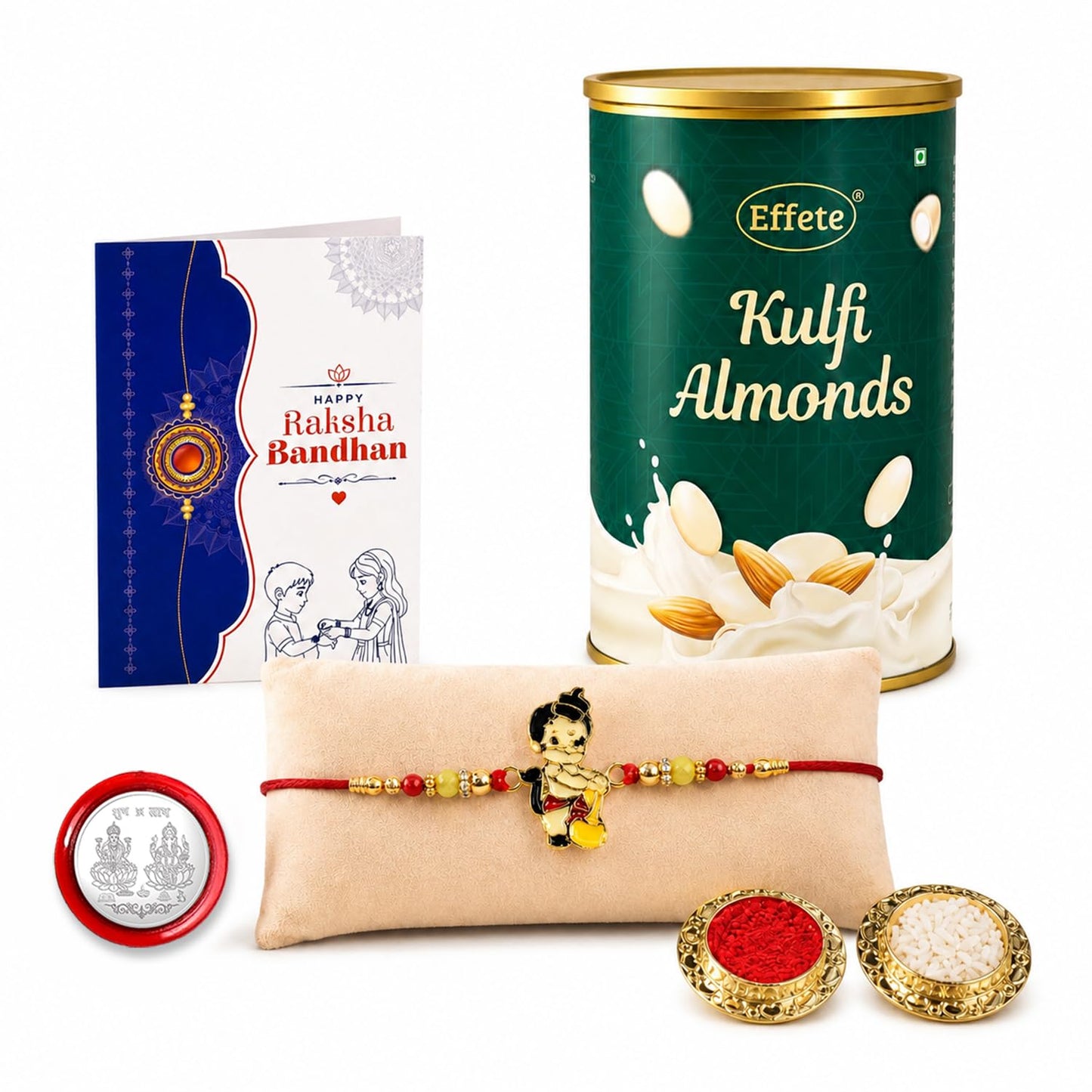 Bal Hanuman Rakhi for Brother with Kulfi Almonds 96gm, Coin & Card, Pack of 5
