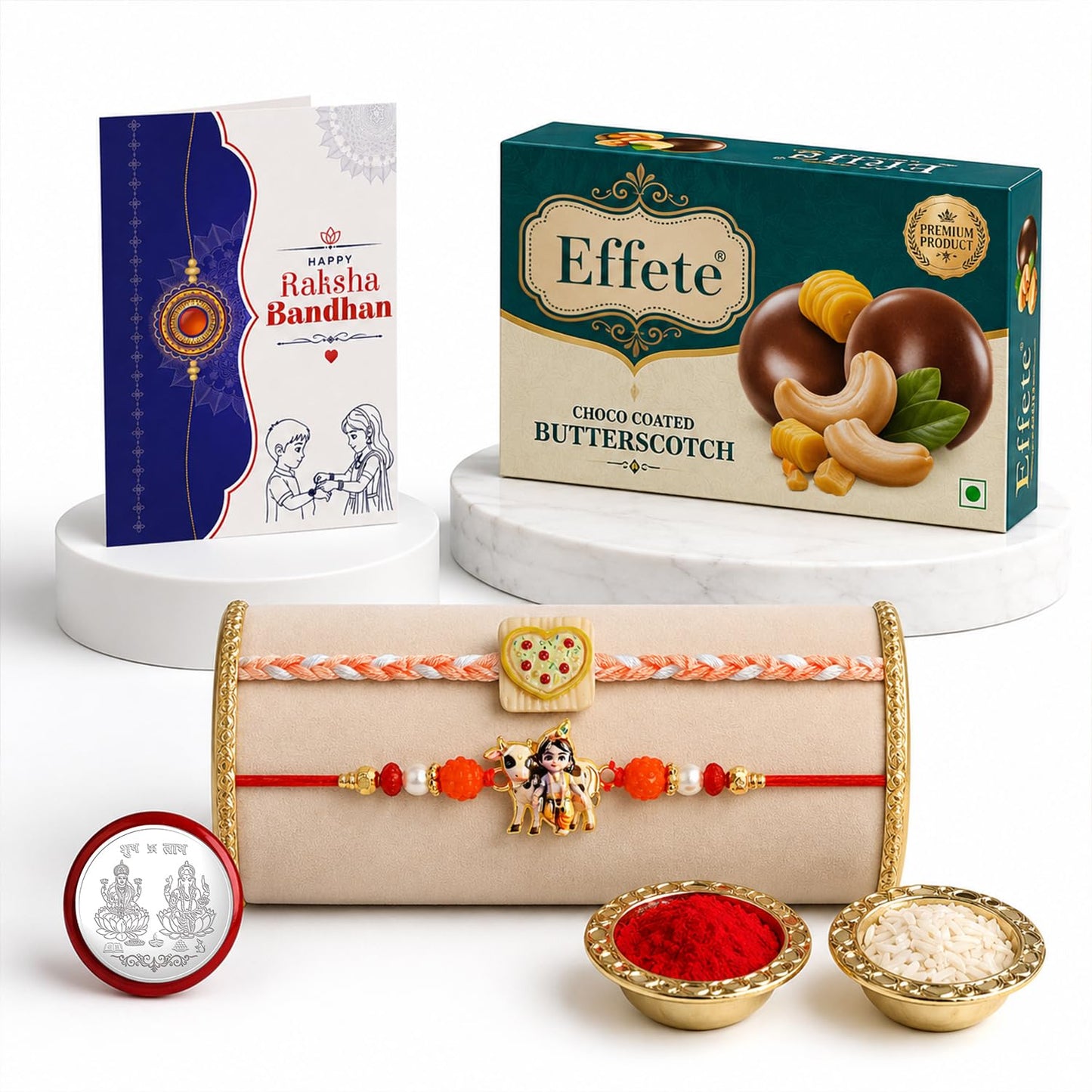 Heart-shaped Rakhi for Brother with Butter Scotch 32gm, Coin & Card, Pack of 6