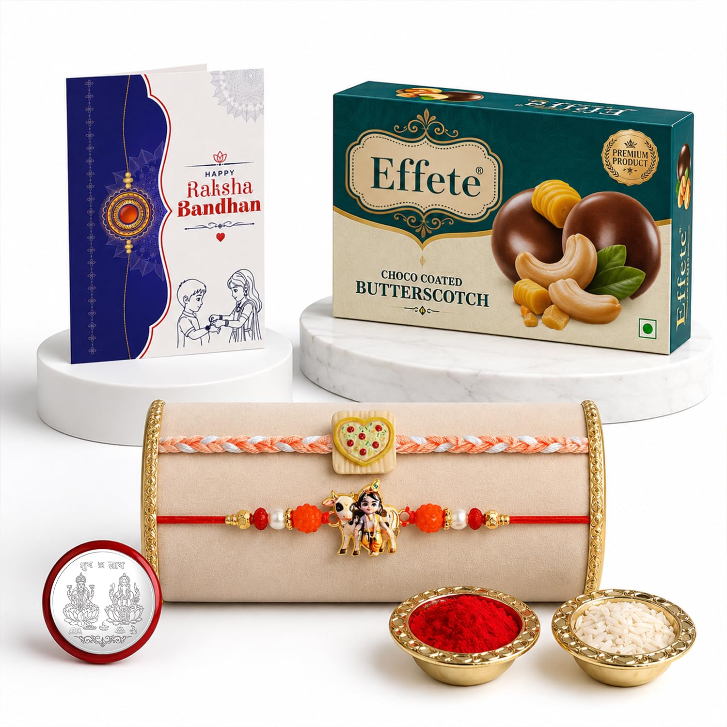 Heart-shaped Rakhi for Brother with Butter Scotch 32gm, Coin & Card, Pack of 6