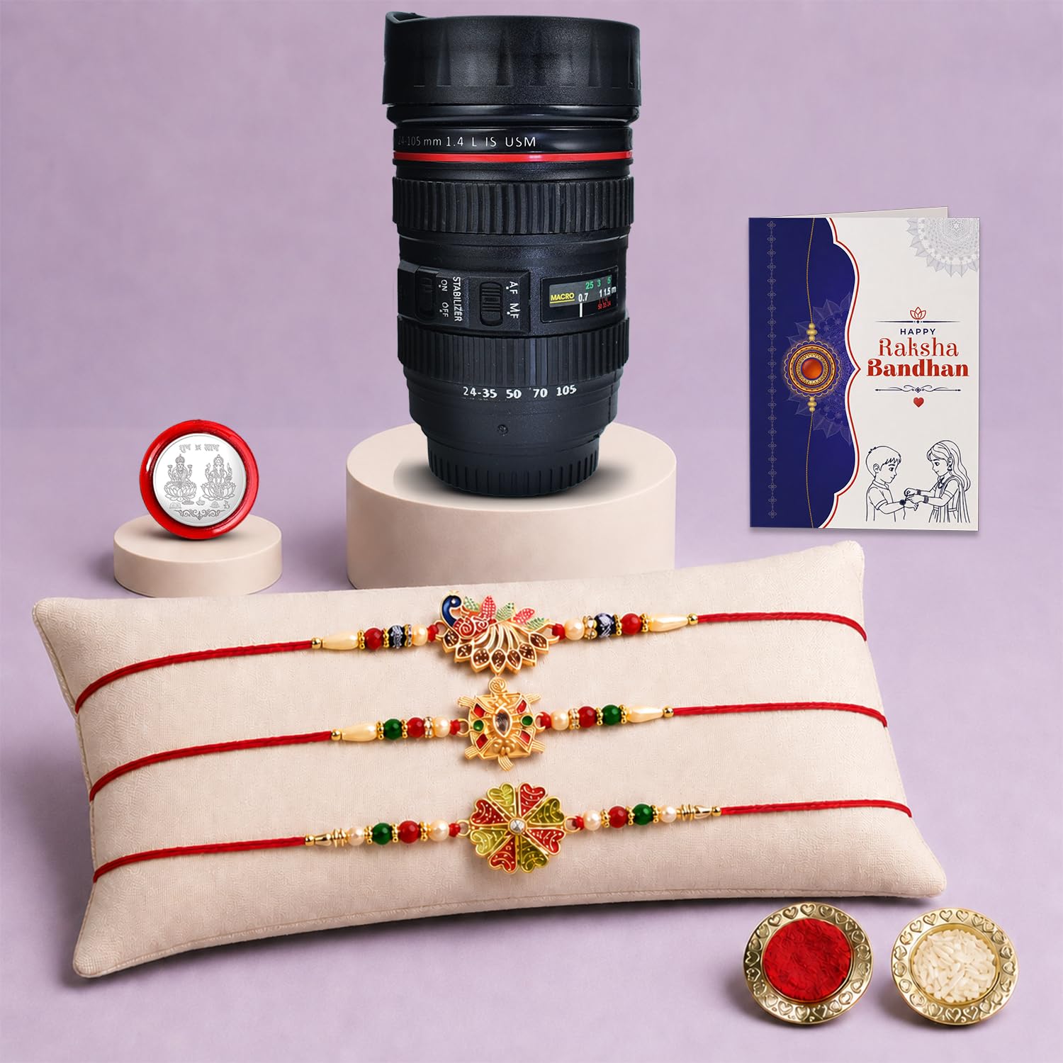 Rakhi for Brother with Camera Lens Coffee Mug - Rakshabandhan Gift Set, Pack of 7