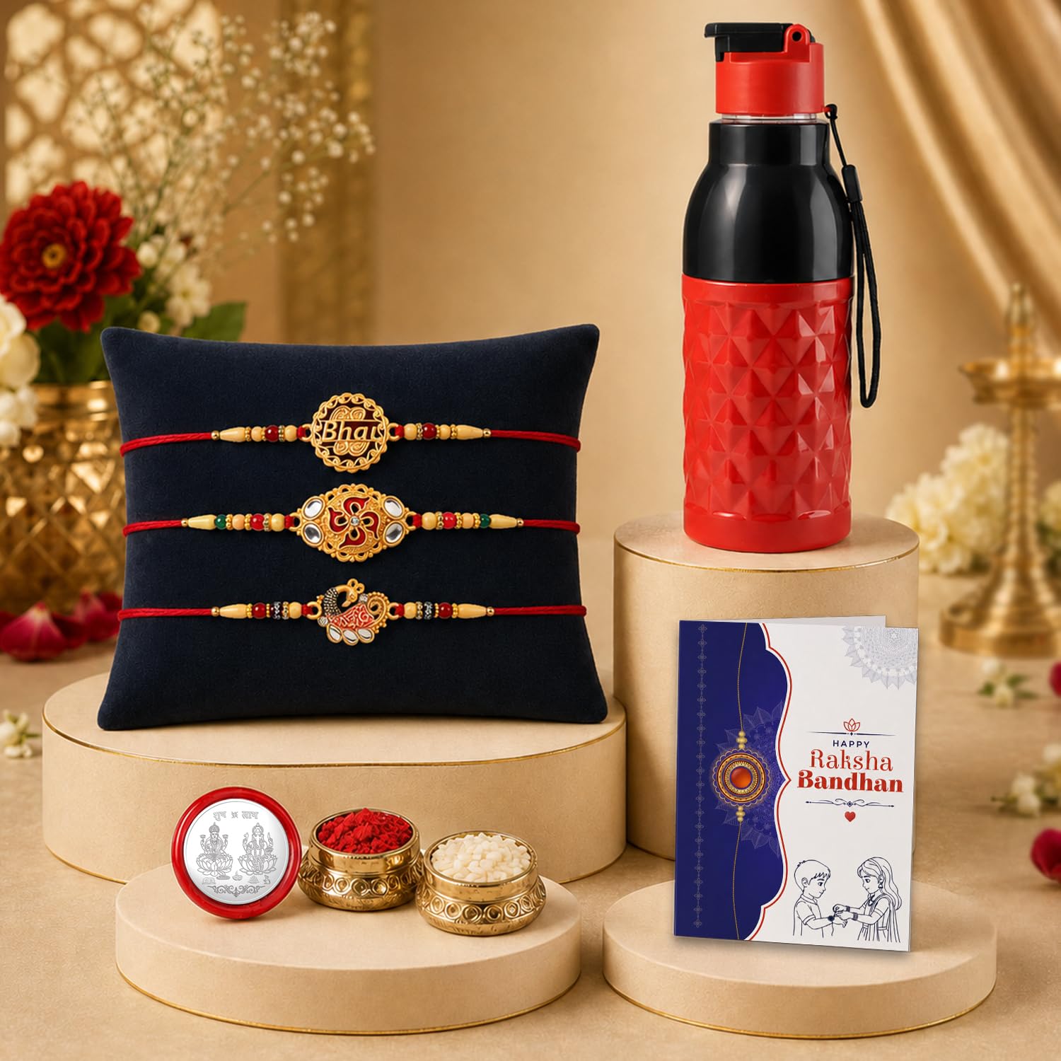 Designer Elegant Multicolor Bhai, Flower & Peacock Rakhi Combo | Pack of 7