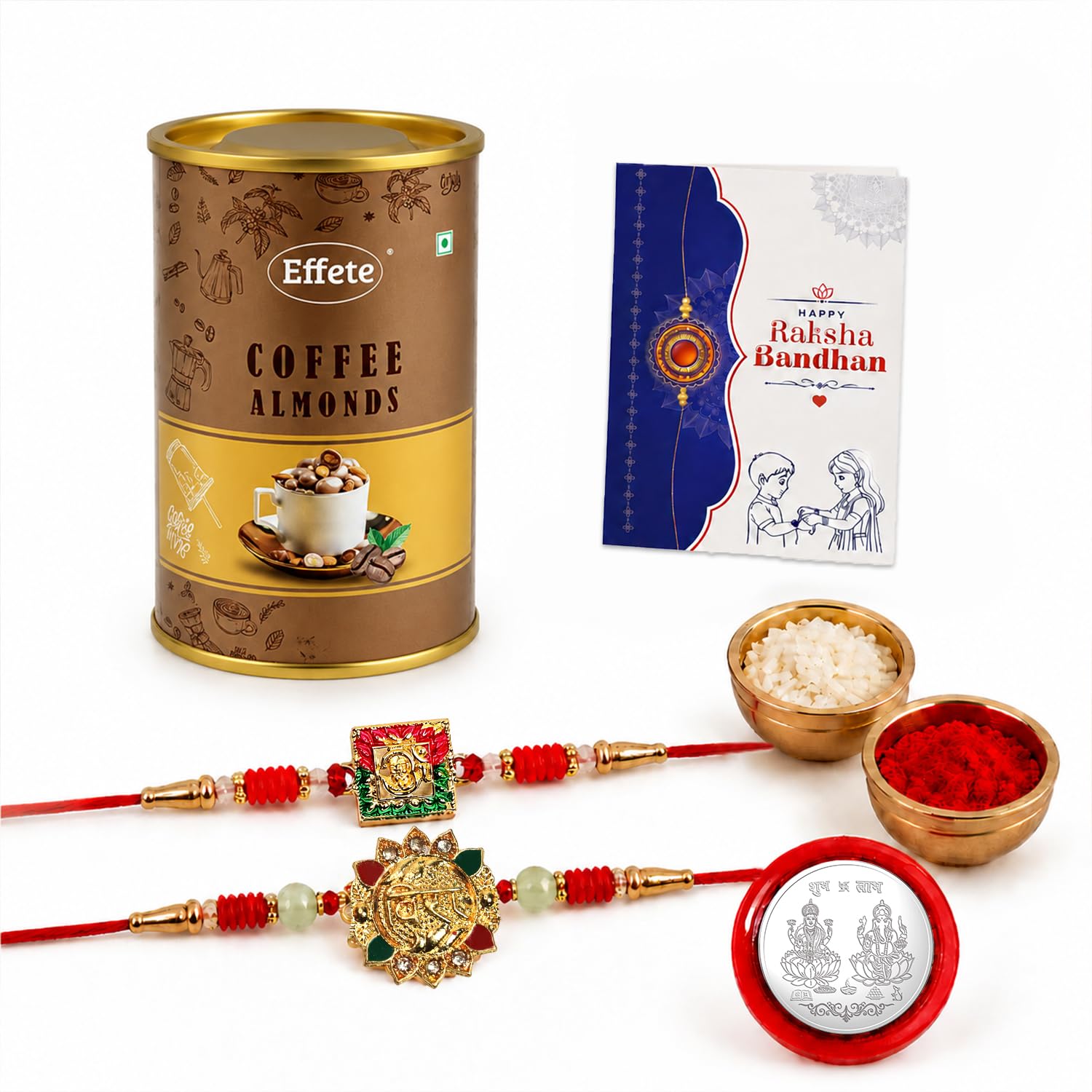 Deity, Om Rakhi for Brother with Coffee Almond 96gm, Roli Tikka & Card, Pack of 6