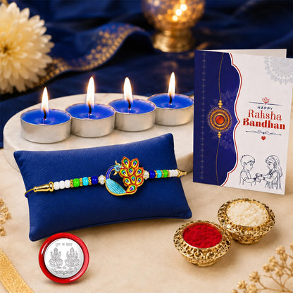 Peacock Rakhi for Brother with Candles 4pcs, Roli Tikka & Card, Pack of 5