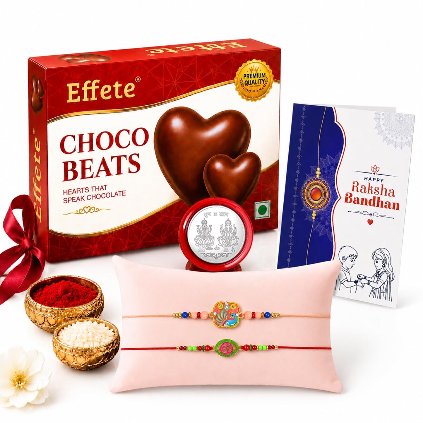 Rakhi with Chocolate for Brother (Set of 6) – Raksha Bandhan Festival Celebration Combo for Bhai with OM & Bird Design Rakhi, Chocolate, Roli Chawal, Silver Color Pooja Coin & Greeting Card