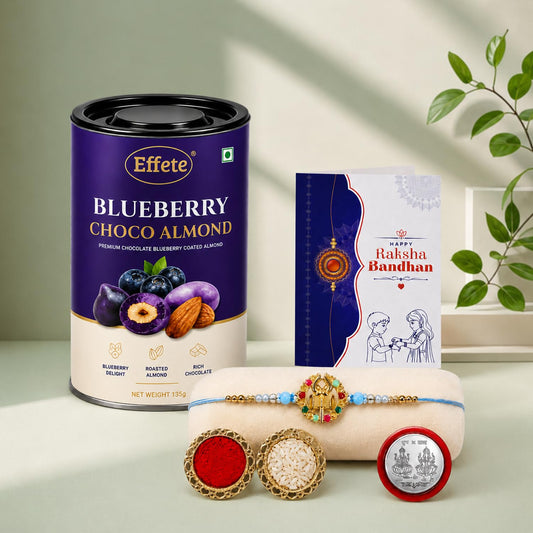 Rakhi with Chocolate for Brother (Set of 5) – Raksha Bandhan Festival Celebration Combo for Bhai with Trishul Damru Design Rakhi, Chocolate, Roli Chawal, Silver Color Coin & Greeting Card