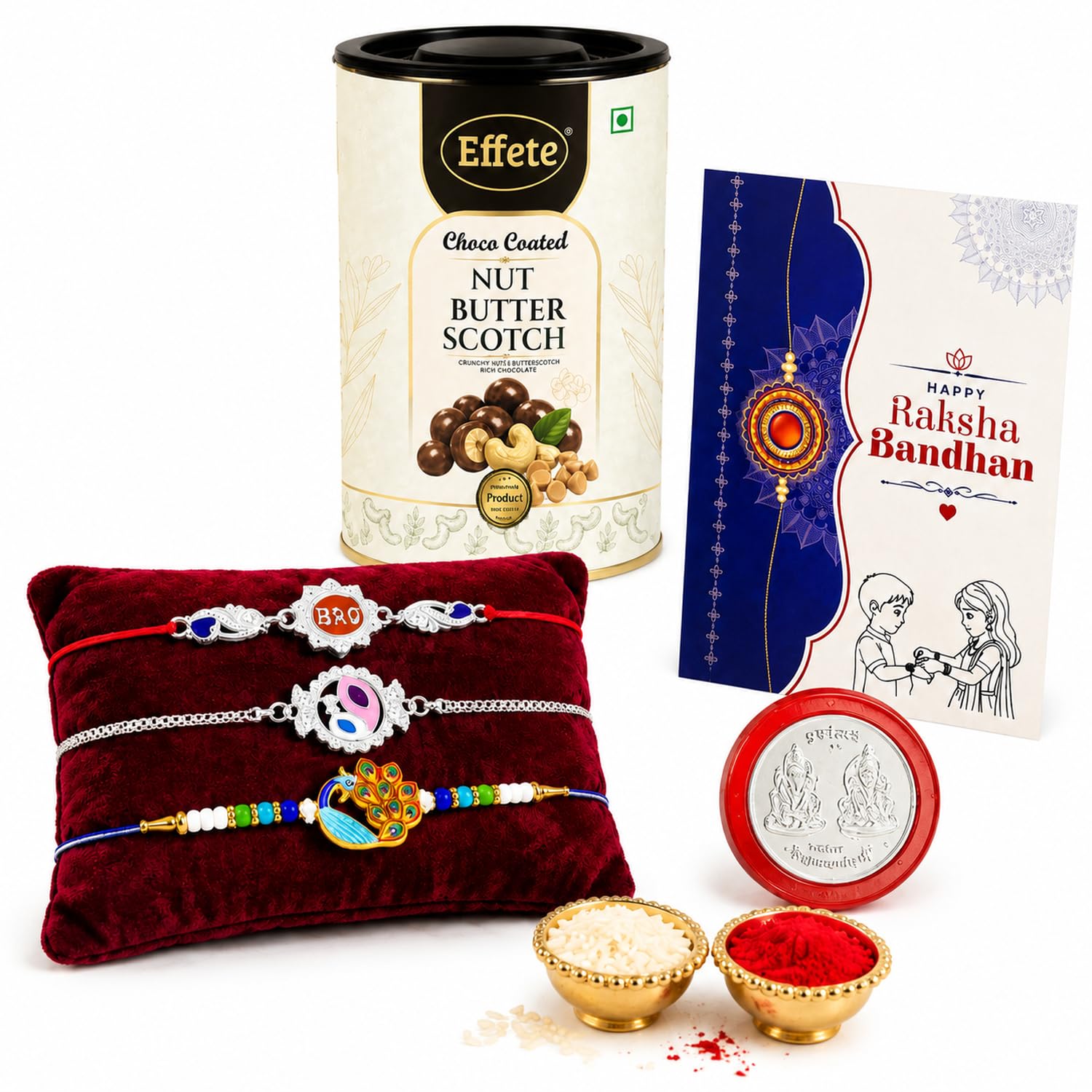 Evil Eye Rakhi for Brother with Butter Scotch 96gm, Roli Tikka & Card, Pack of 7