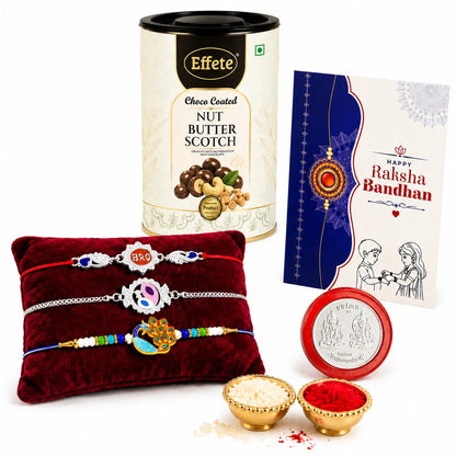 Evil Eye Rakhi for Brother with Butter Scotch 96gm, Roli Tikka & Card, Pack of 7