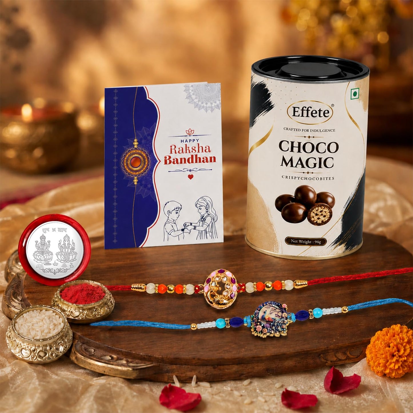 Peacock Rakhi for Brother with Chocolate Magic 96gm, Roli Tikka & Card, Pack of 6