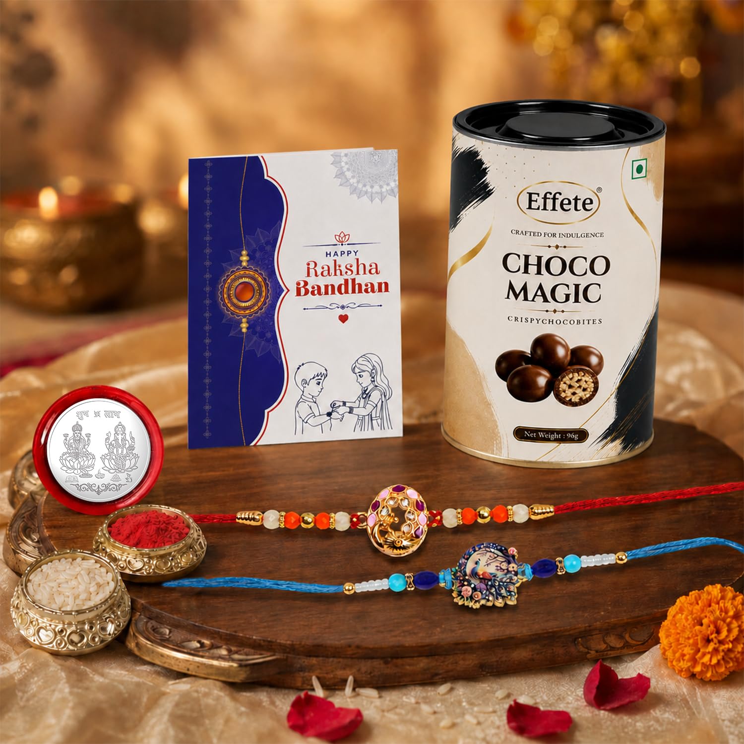 Peacock Rakhi for Brother with Chocolate Magic 96gm, Roli Tikka & Card, Pack of 6