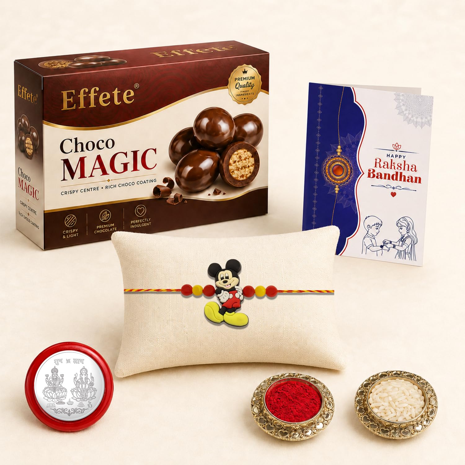 Kids Rakhi for Brother with Chocolate Magic 96gm, Roli Tikka & Card | Pack of 5