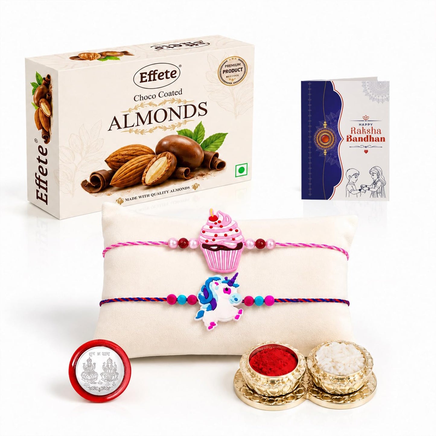 Cupcake Rakhi for Brother with Choco Almonds 32gm, Roli Tikka & Card, Pack of 6