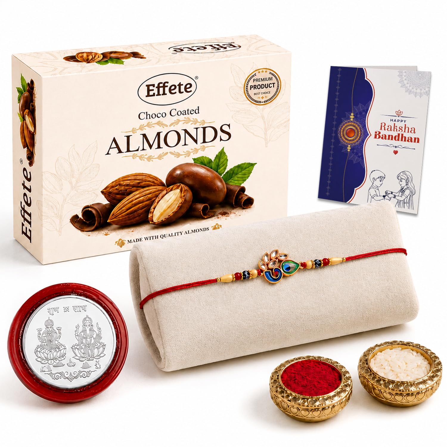 Peacock Rakhi for Brother with Choco Almonds 32gm, Roli Chawal & Card, Pack of 5