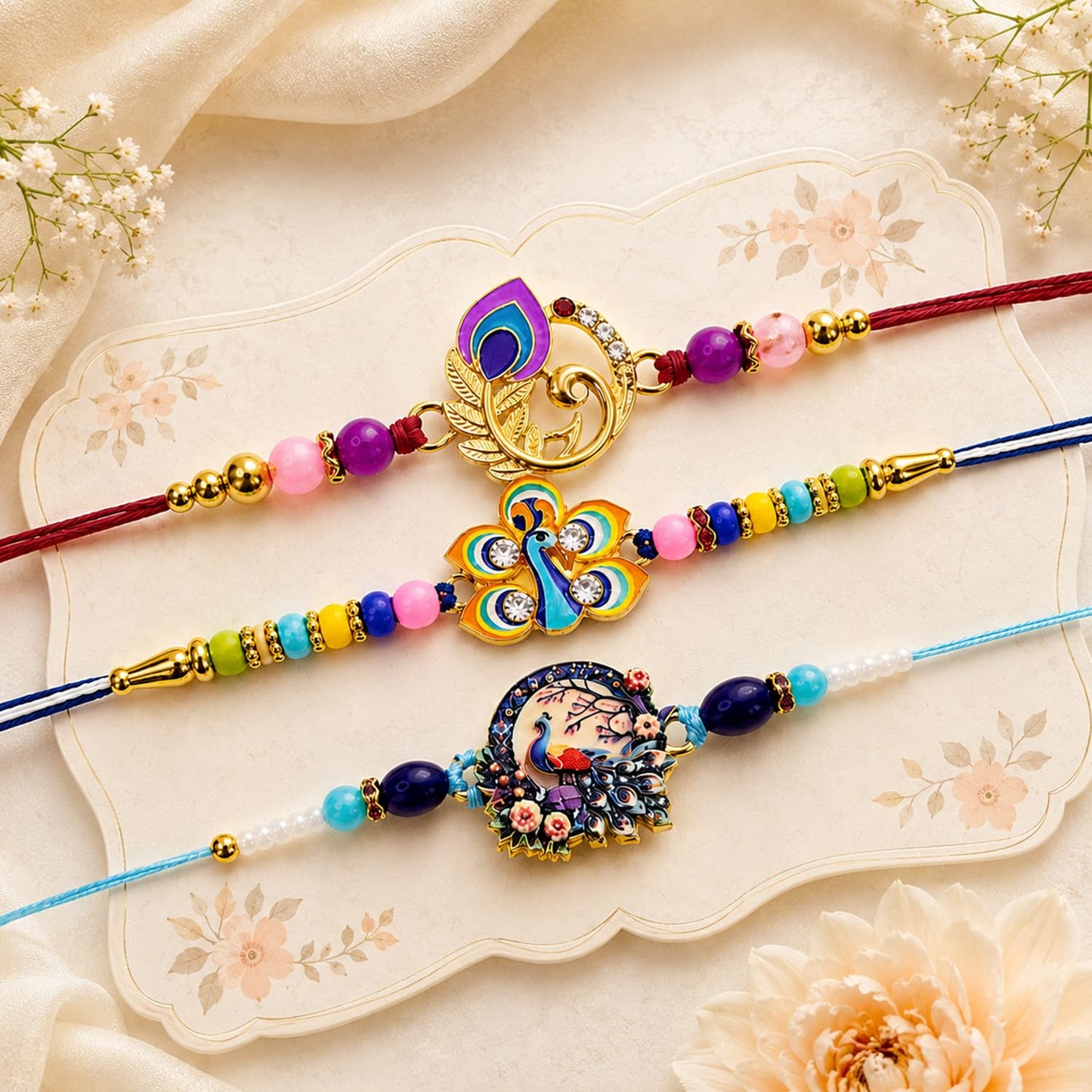 Designer Graceful Multicolor Peacock Rakhi for Brother with Roli Tikka, Pack of 6