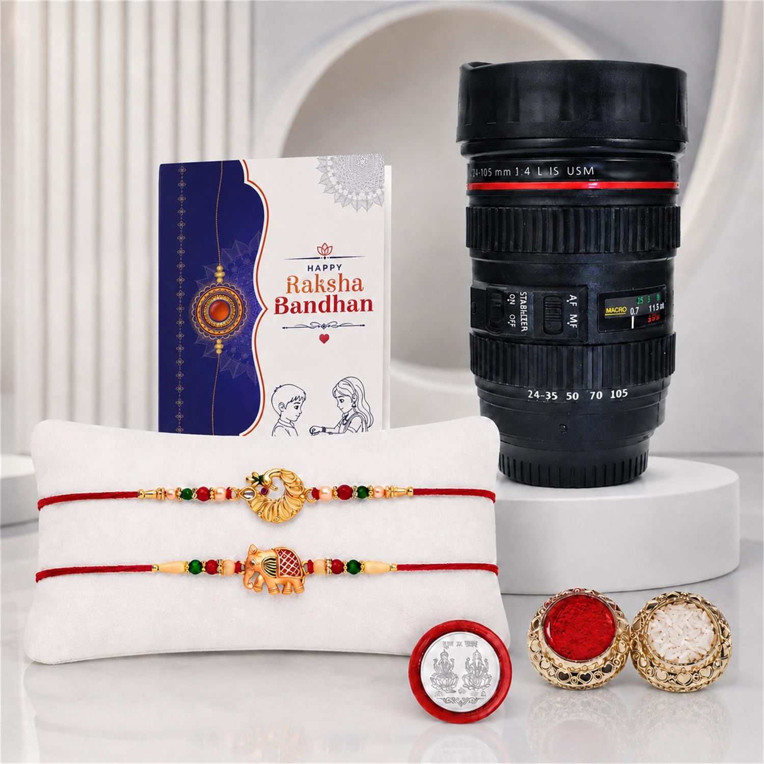 Flower, Elephant Rakhi Combo - Raksha Bandhan Gift with Camera Lens Coffee Mug, Pack of 6