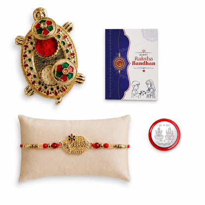 Multicolor Veera Bracelet/Rakhi & Turtle shape Pooja Thali with Silver Color Pooja Coin, Tikka/Tilak Set & Greeting Card, Rakhi Gift Hamper (Pack of 5) For Raksha Bandhan