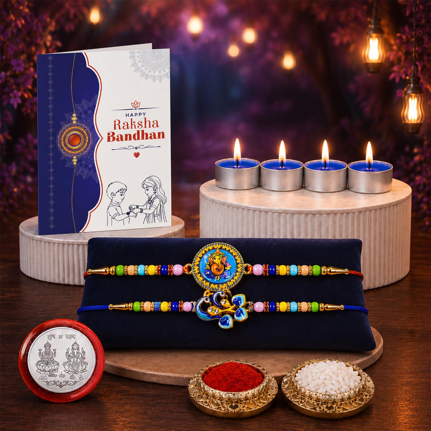 Ganesh, Peacock Rakhi Combo - Raksha Bandhan Gift with Tealight Candles 4pcs, Pack of 6