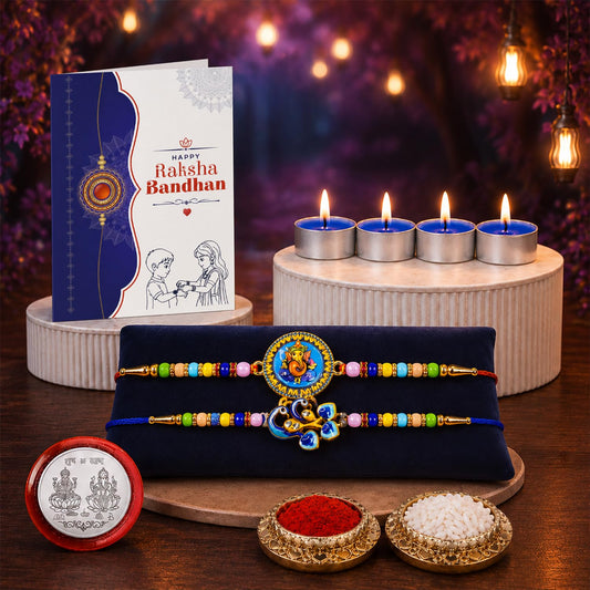 Ganesh, Peacock Rakhi Combo - Raksha Bandhan Gift with Tealight Candles 4pcs, Pack of 6