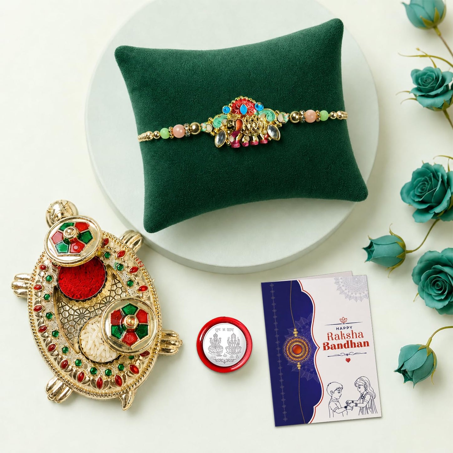 Kundan Multicolor Rakhi for Brother & Bhaiya with Turtle shape Pooja | Pack of 5