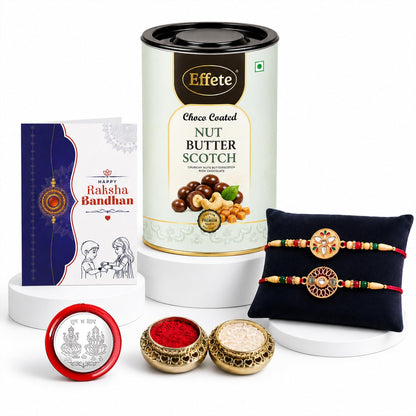 Round Rakhi for Brother with Butter Scotch 96gm, Roli Tikka & Card, Pack of 6