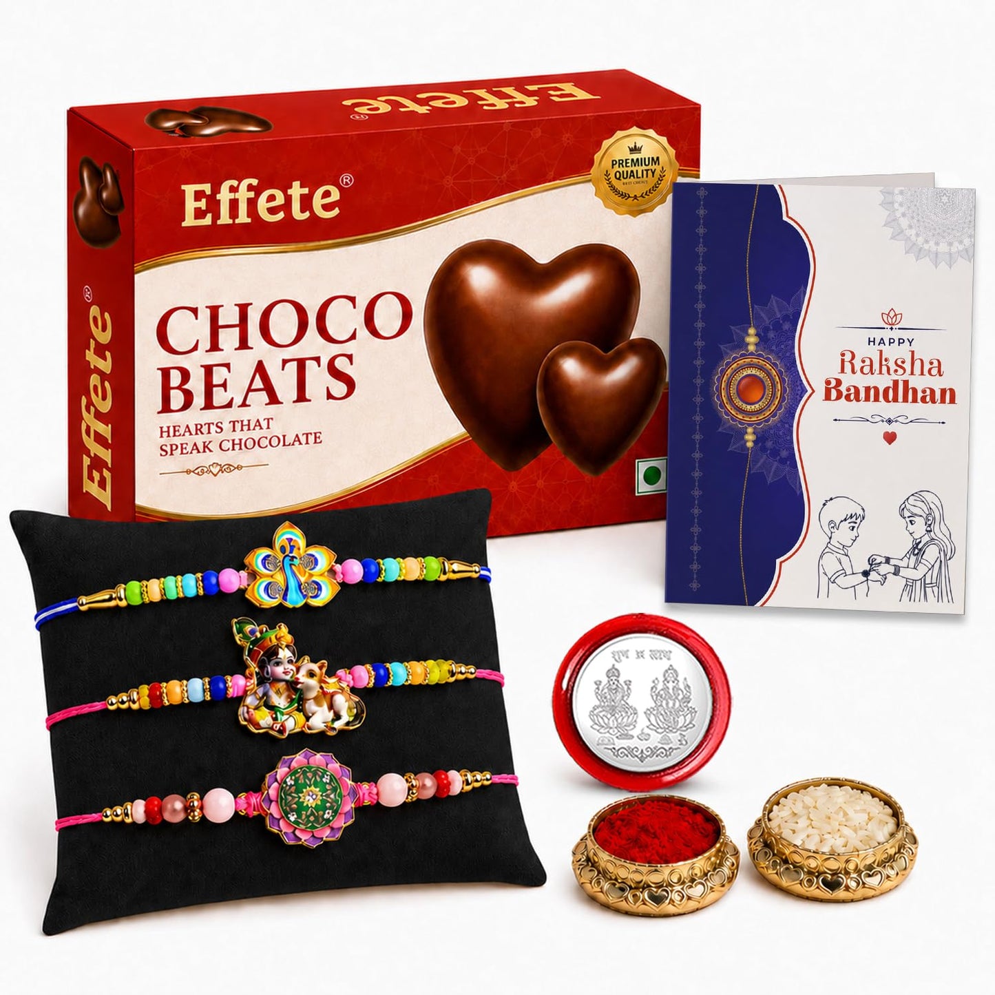 Peacock, Krishna Rakhi Combo - Raksha Bandhan Gift with Choco Beats 32gm, Pack of 7